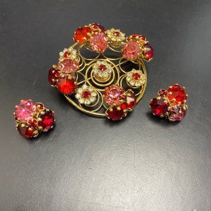 Vintage Vogue Brooch Pin Earrings Red Pink Stones